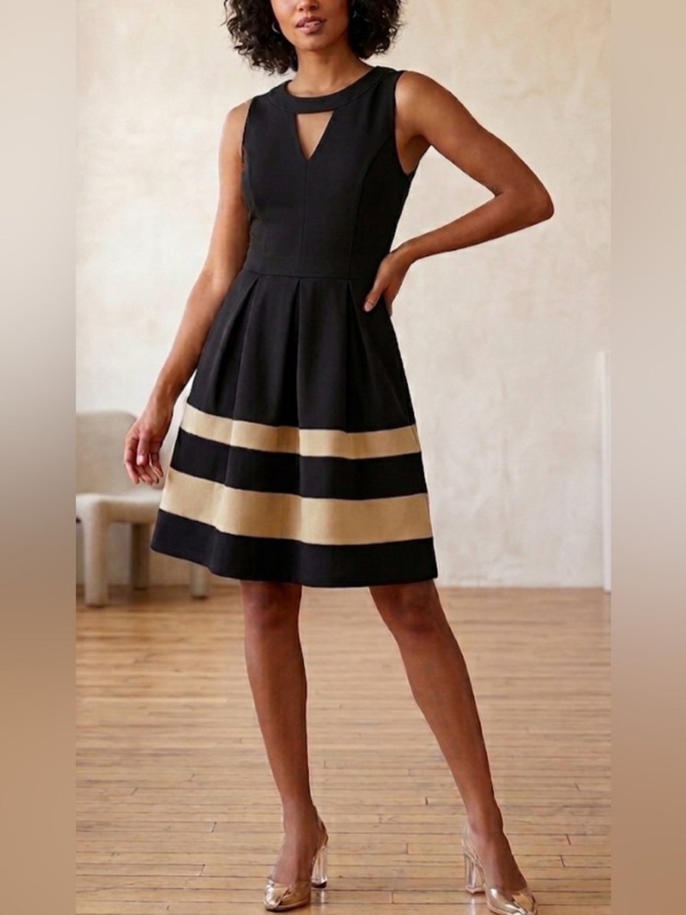 Vintage Y2K BCX Black Midi Fit & Flare Cocktail Dress with Tan Size Juniors 5